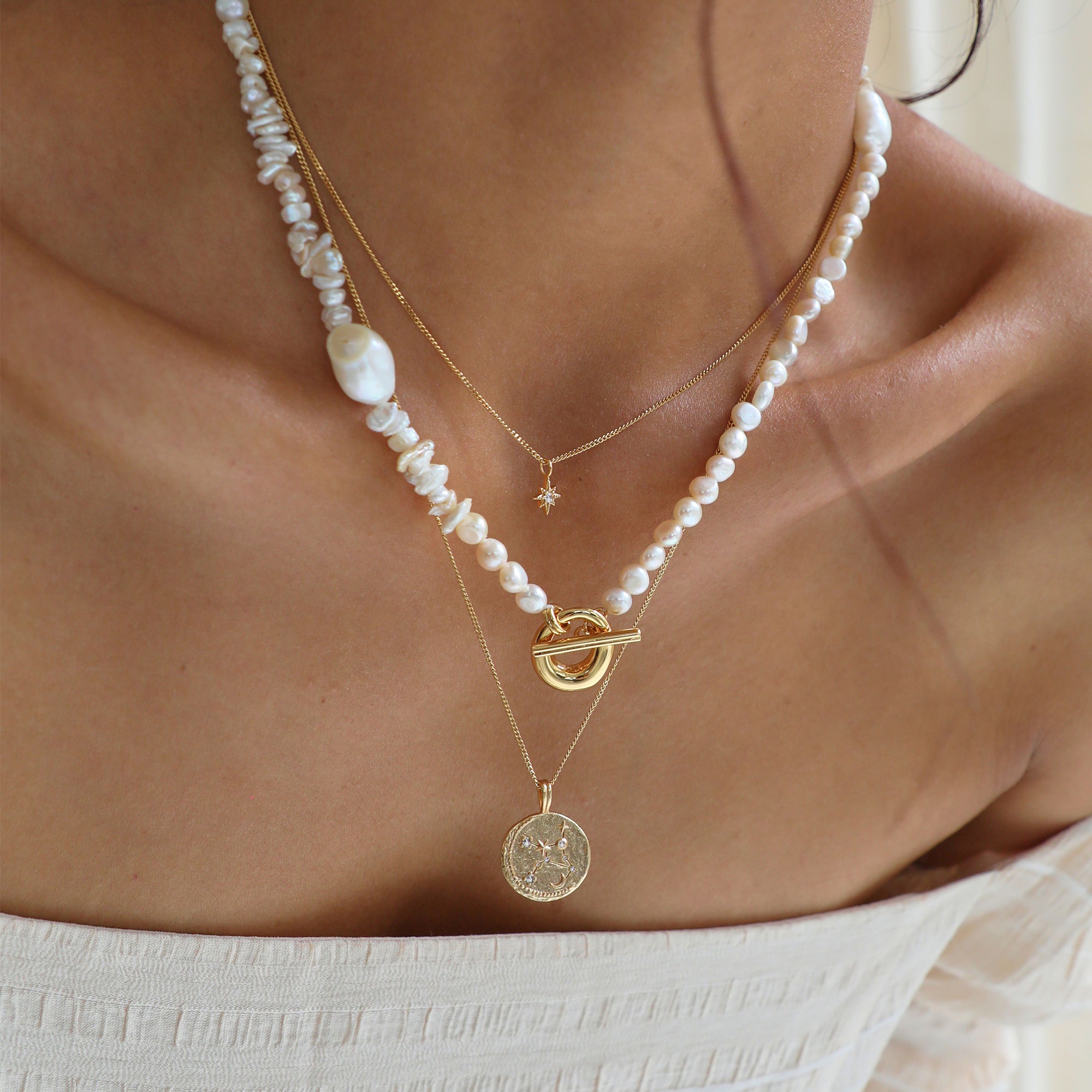 Necklace Stacking Image Pearl T Bar Necklace, Zodiac Necklace, Solid Gold Twilight Pendant